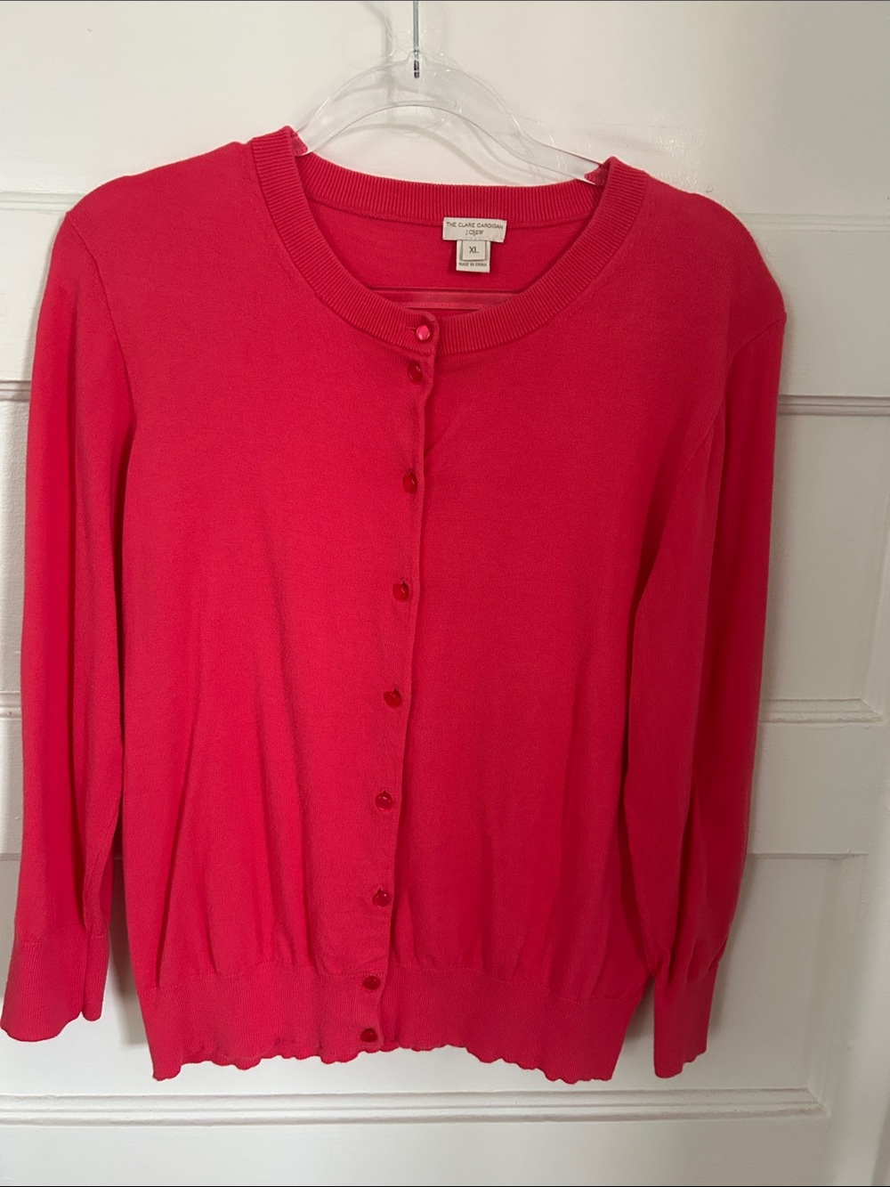 J. Crew Women's "Clare Cardigan" Bright Pink Crewneck & 3/4 sleeve, Women's L